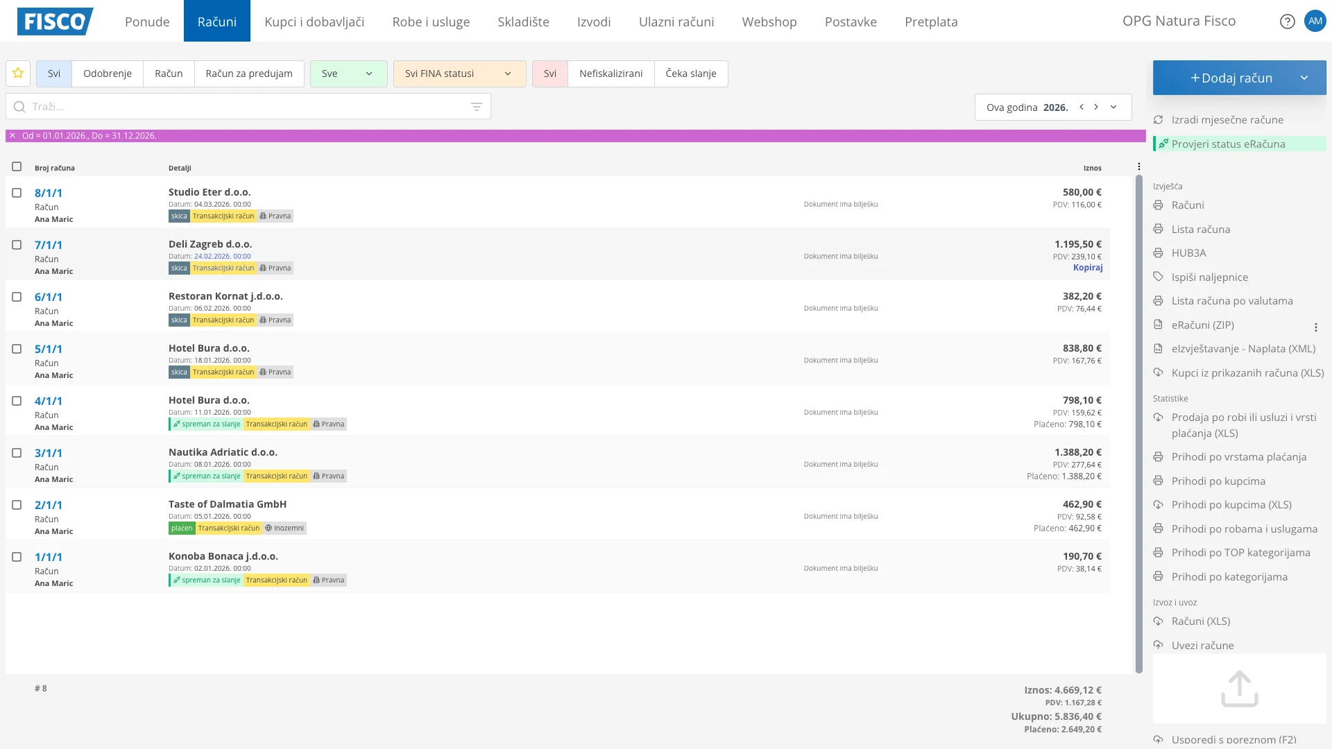 Usklađenost bez komplikacija — snimka zaslona FISCO sučelja