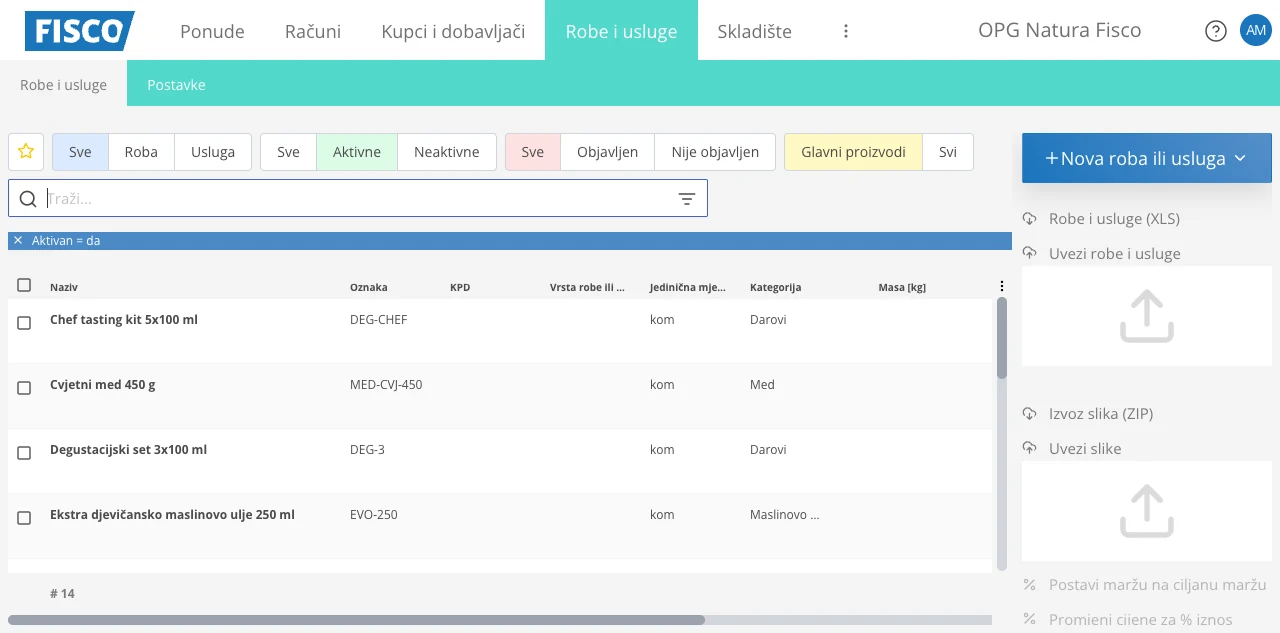 Roba, usluge i katalog na jednom mjestu — snimka zaslona FISCO sučelja