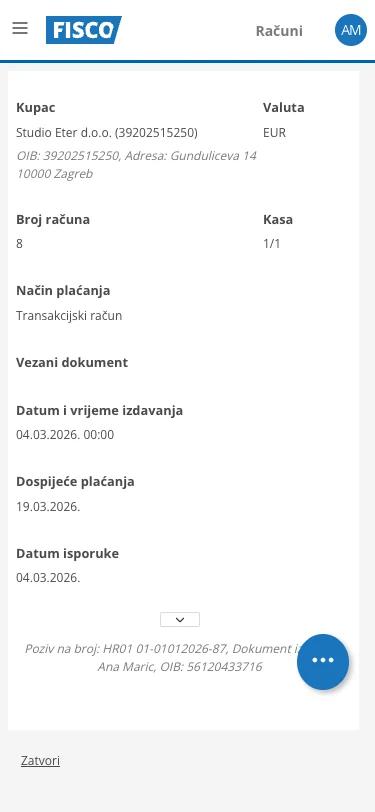Mobilni prikaz izdavanja računa u FISCO-u