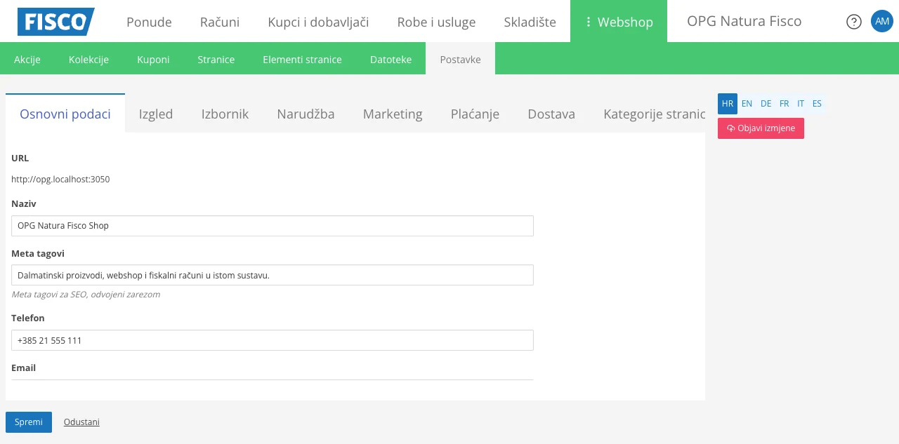 Postavke webshopa u FISCO sučelju